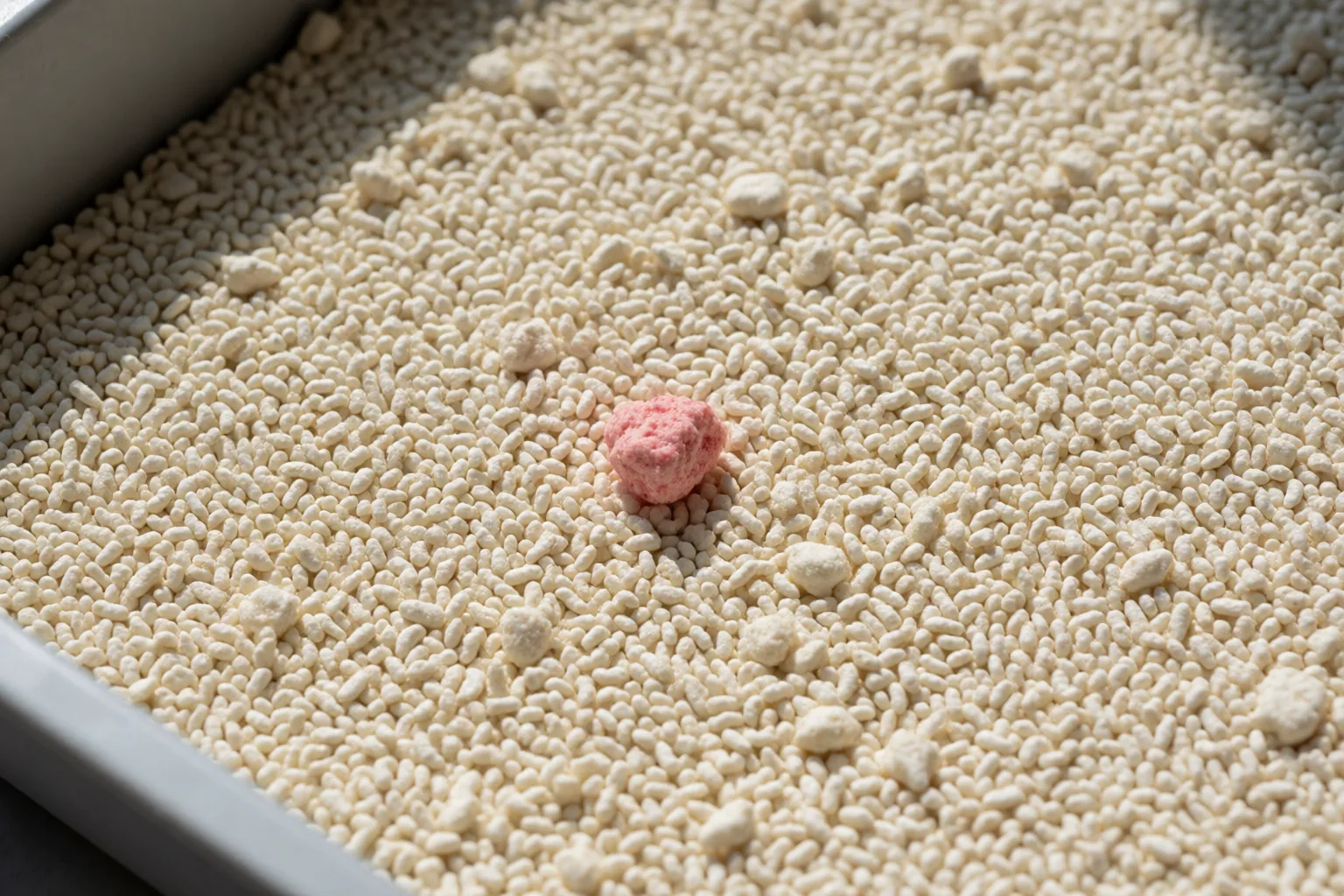 淺色豆腐砂盆裡，一顆小結塊帶著粉紅色