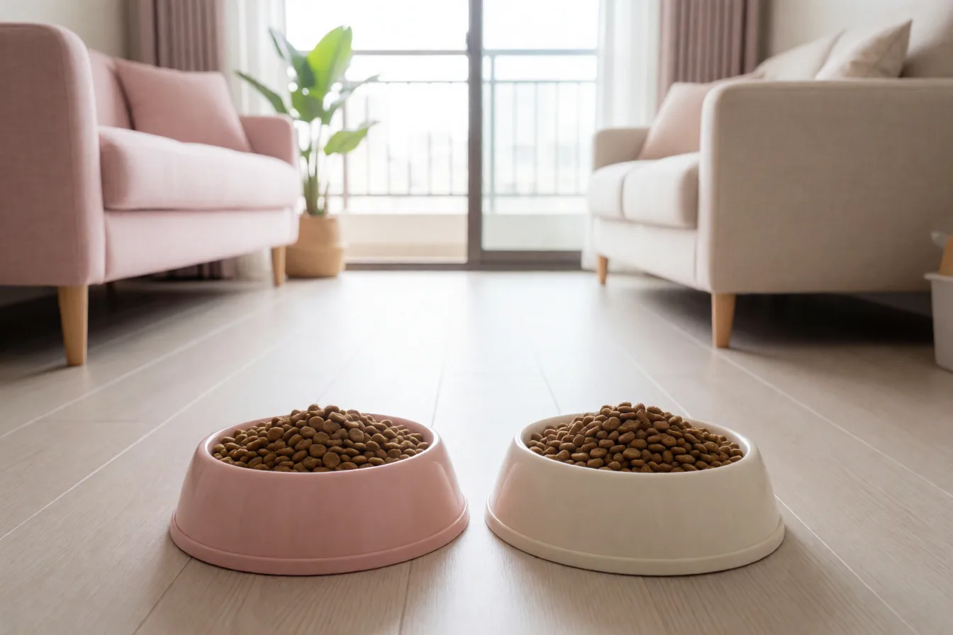 地上兩碗乾飼料並排，一碗是舊的、一碗混了不同比例的新飼料