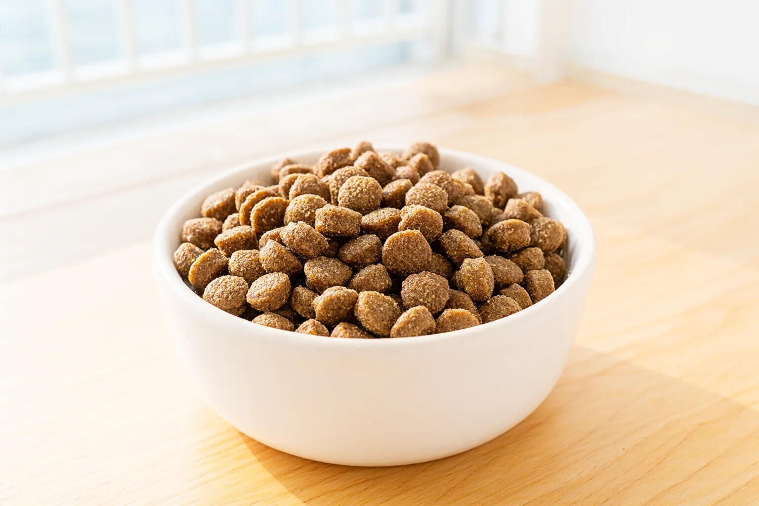 白色小碗裝滿咖啡色圓形乾飼料的特寫