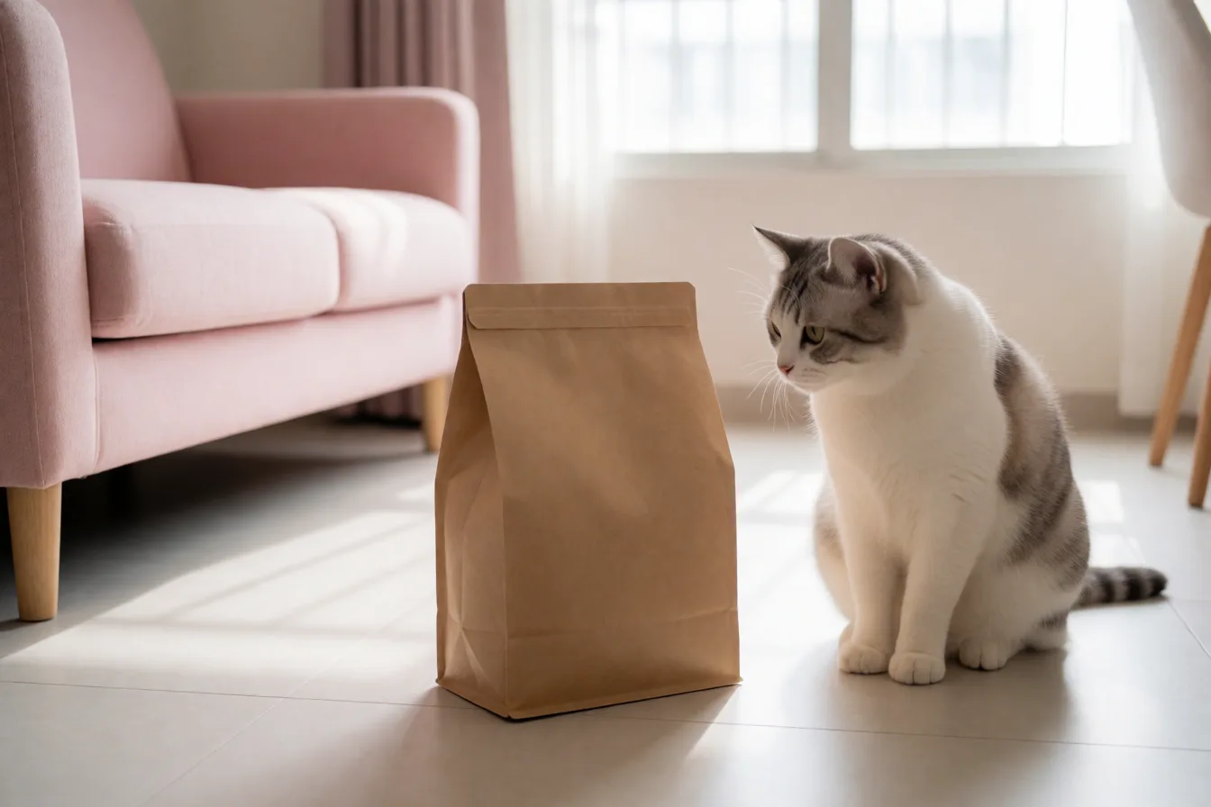 沒有品牌的飼料袋，成分表那一面朝向鏡頭，貓坐在旁邊