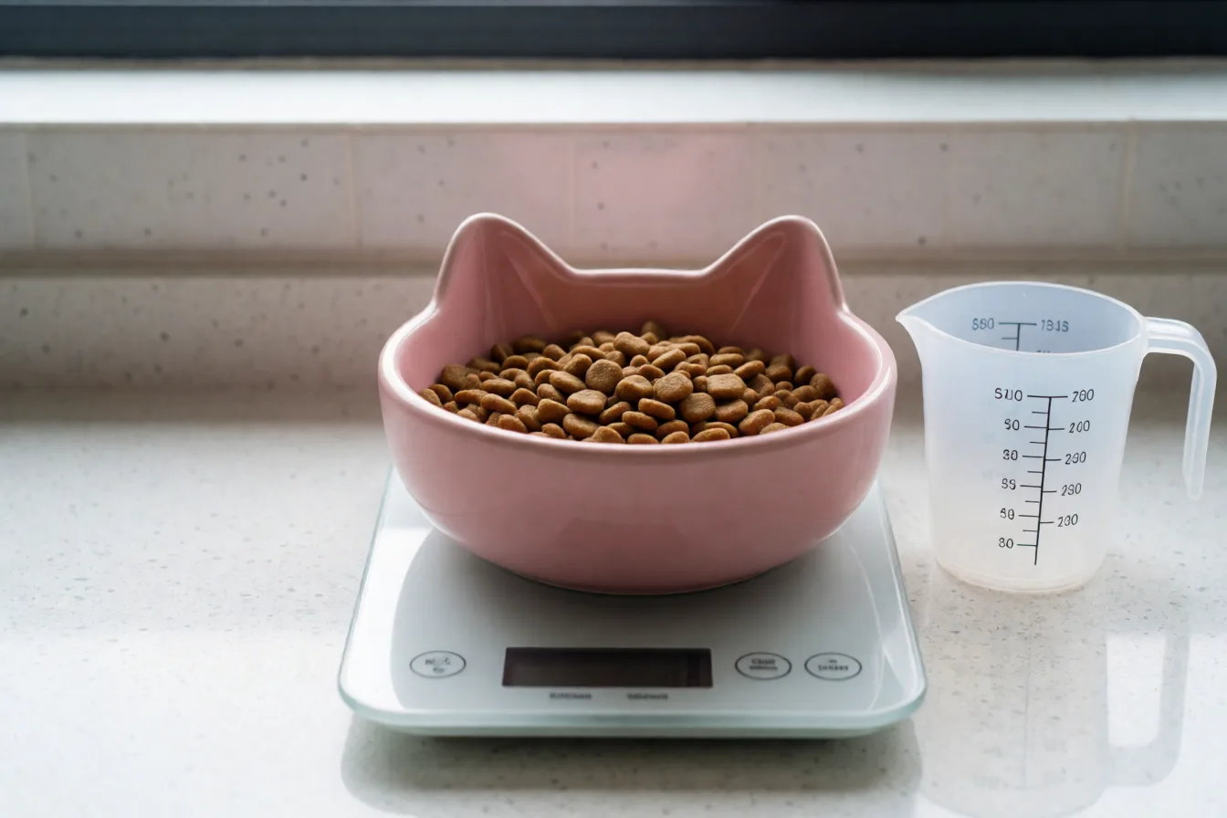 量杯把乾飼料倒進放在廚房秤上的貓碗，精準秤量
