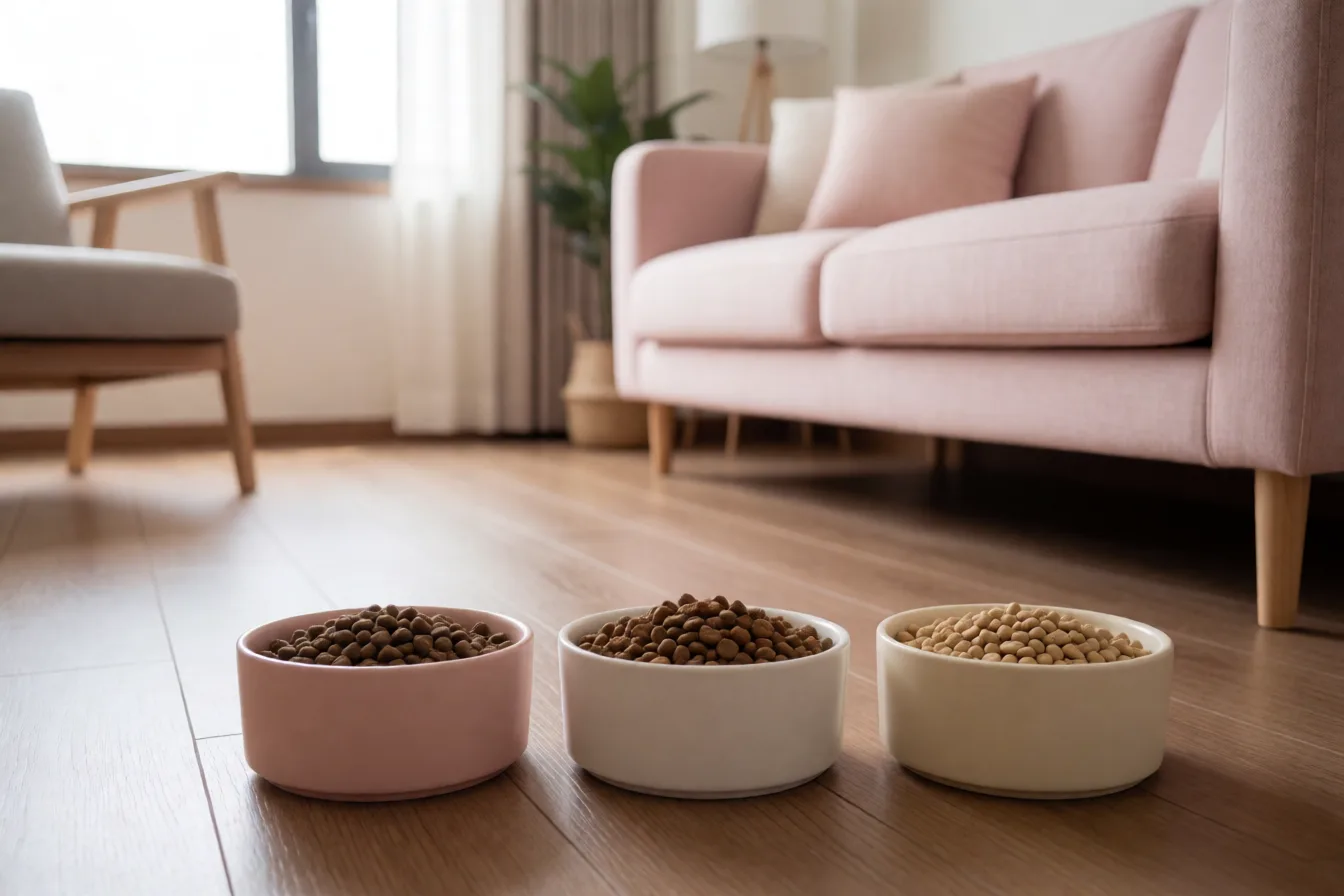 三碗飼料並排：舊飼料、新飼料、混合的
