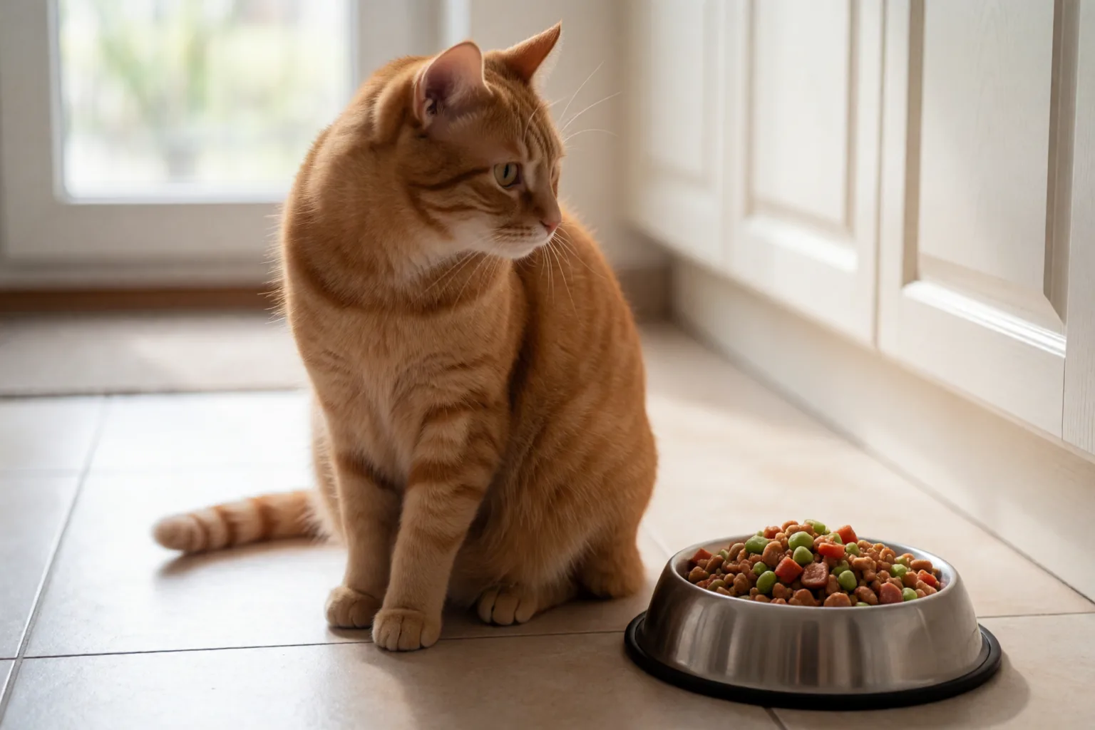 橘貓坐在裝滿飼料的碗旁邊，把頭轉開，嘴微張、下巴有一點口水