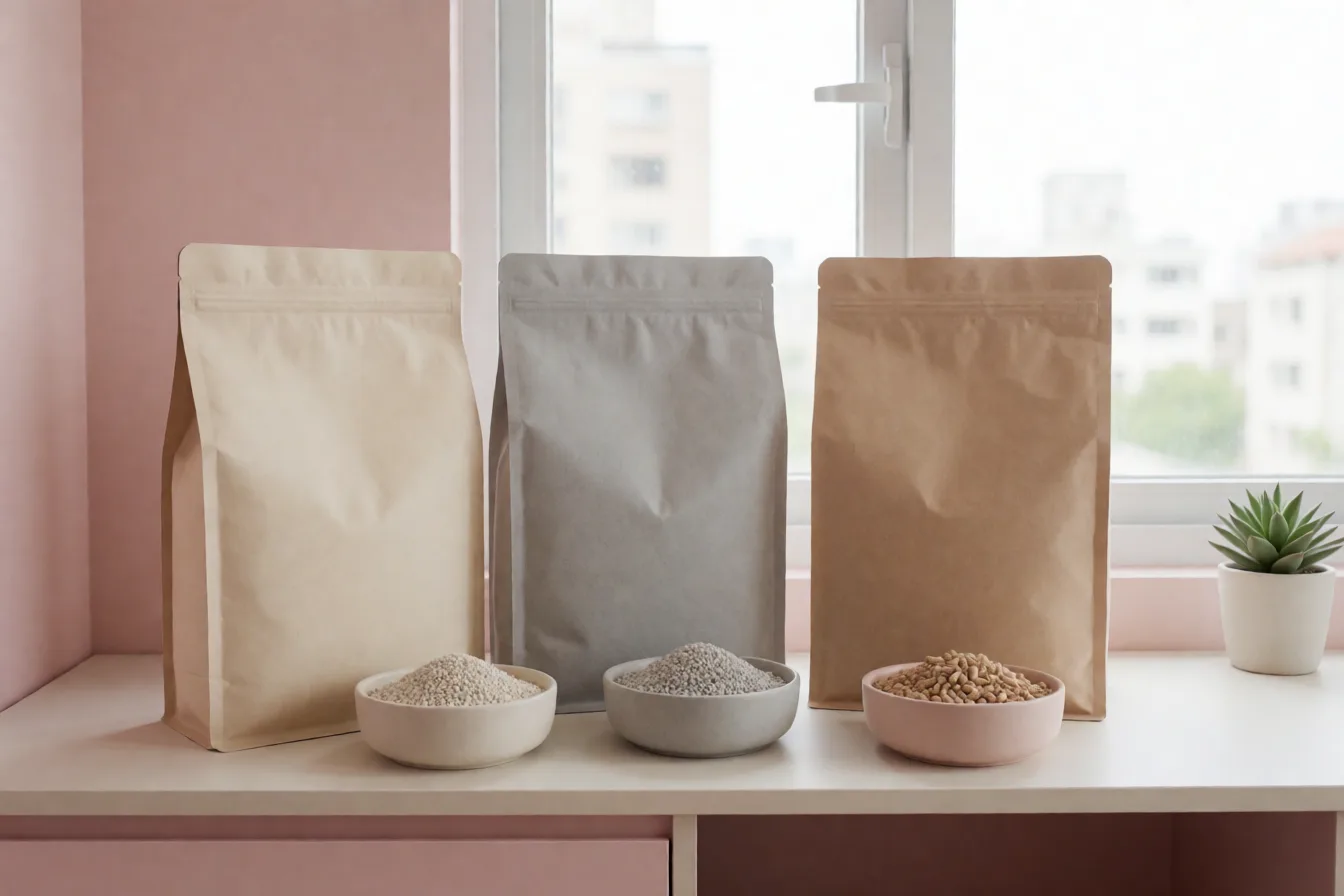 架上三袋沒有品牌的貓砂：米色豆腐砂、灰色礦砂、木屑砂，前面各放一小碗