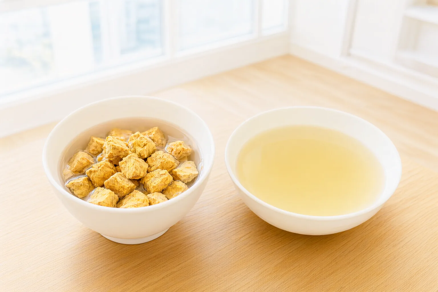 木桌上兩個白碗，一碗是泡在溫水裡的凍乾雞肉丁，一碗是清澈的高湯